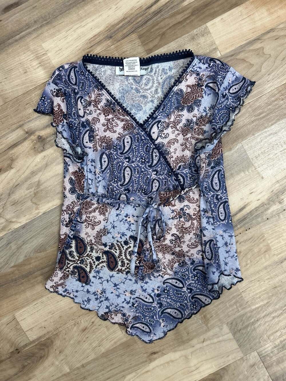 Self Esteem Girls Vintage Y2K Blue Paisley Wrap Tie Front Top